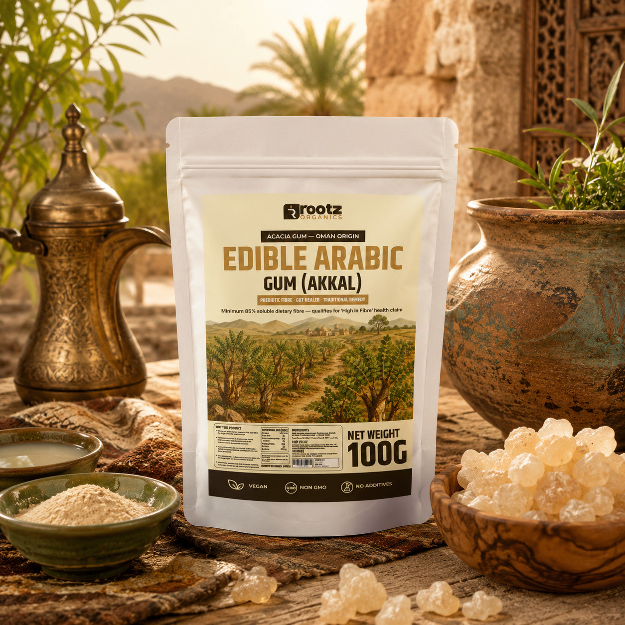 Edible Arabic Gum (Akkal) — Acacia Gum · 100g | 85% Soluble Fibre | Prebiotic | Traditional Gulf Remedy | Rootz Organics UAE