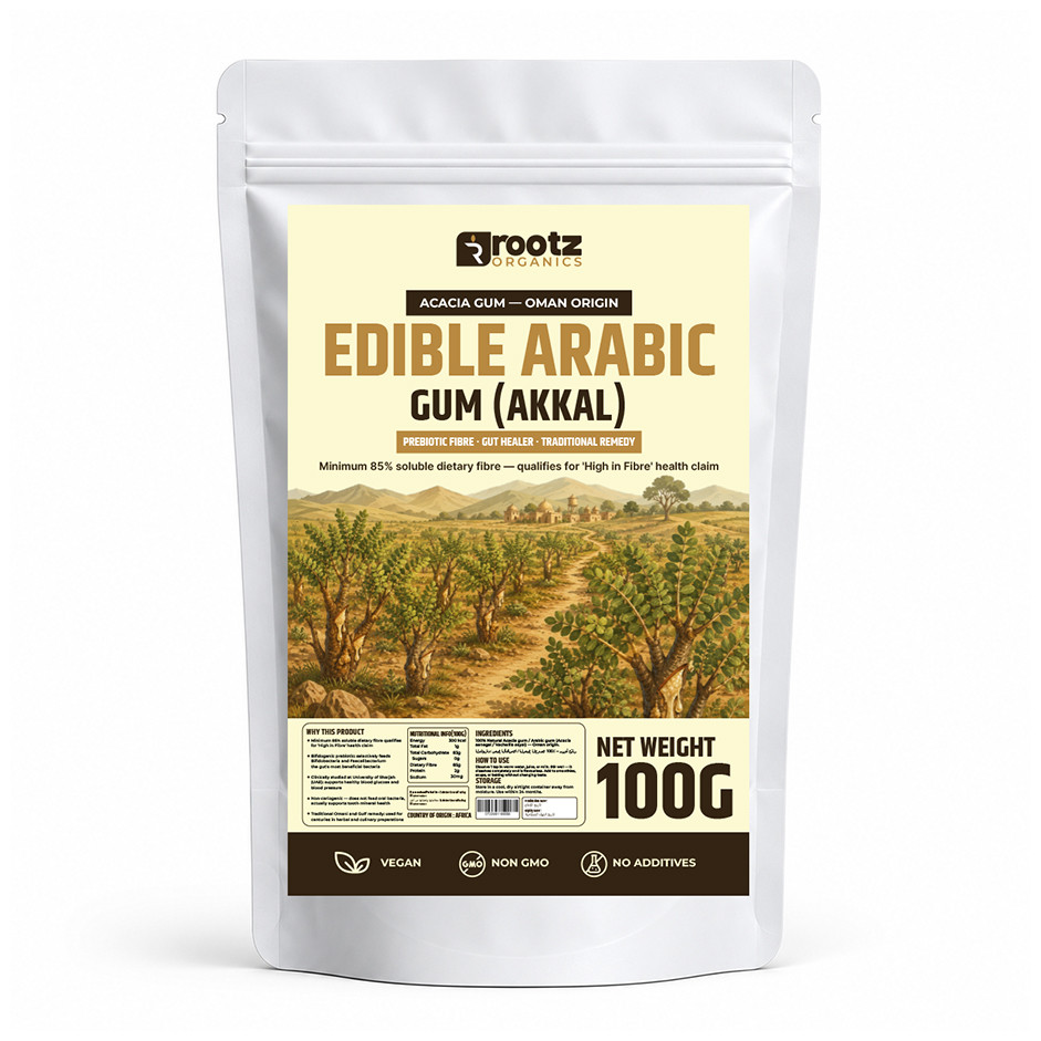 Edible Arabic Gum (Akkal) — Acacia Gum · 100g | 85% Soluble Fibre | Prebiotic | Traditional Gulf Remedy | Rootz Organics UAE
