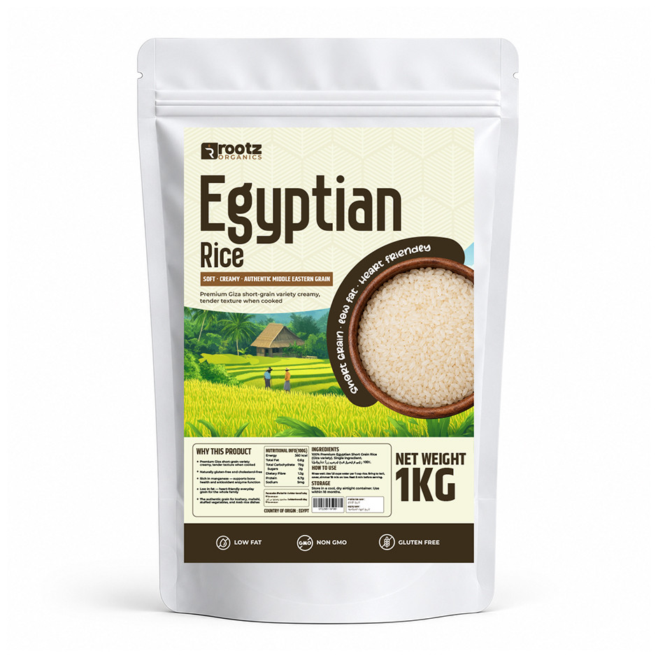 Egyptian Short Grain Rice (Roz Masri) — 1kg | Creamy, Tender | Koshary & Arab Dishes | Rootz Organics UAE