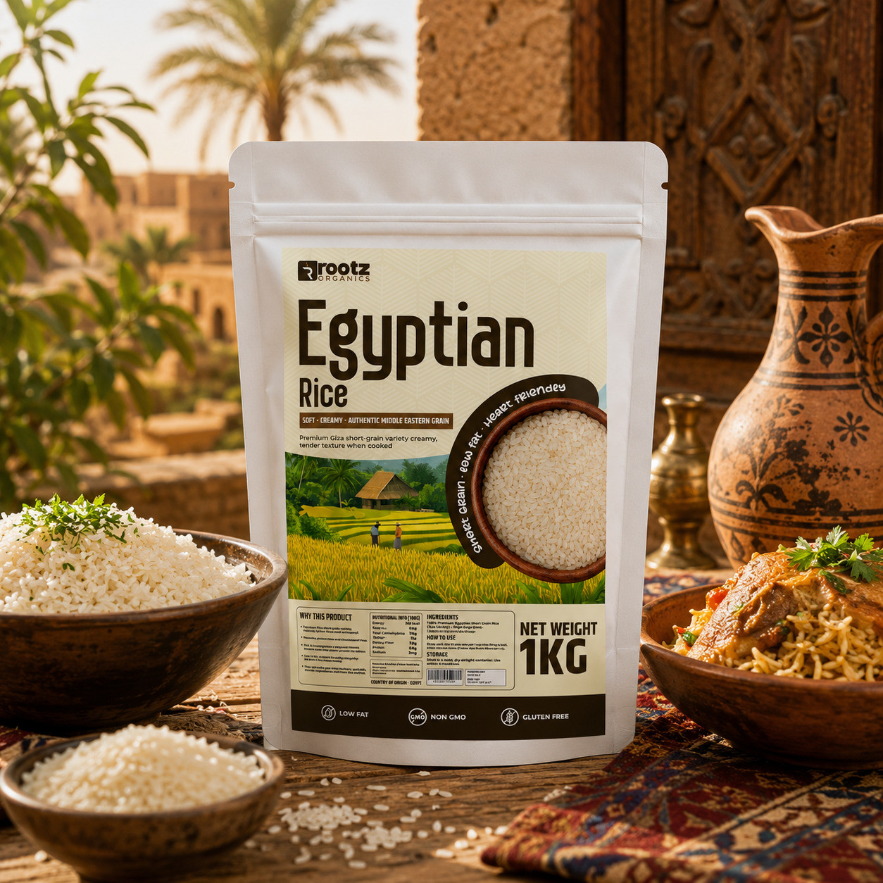 Egyptian Short Grain Rice (Roz Masri) — 1kg | Creamy, Tender | Koshary & Arab Dishes | Rootz Organics UAE