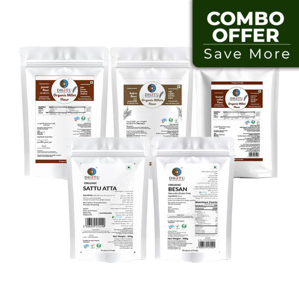 Image of Rootz Organics Gluten-Free Flour Combo Pack – Jowar, Bajra, Foxtail Millet, Sattu Atta &amp; Besan, 5 × 500g (2.5kg)