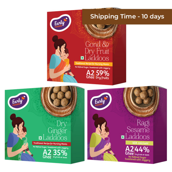 Image of Early Foods pack of 3 - Gond & Dry Fruits Laddoo, Ragi Sesame Laddoo, Dry Ginger Laddoo 250 gms