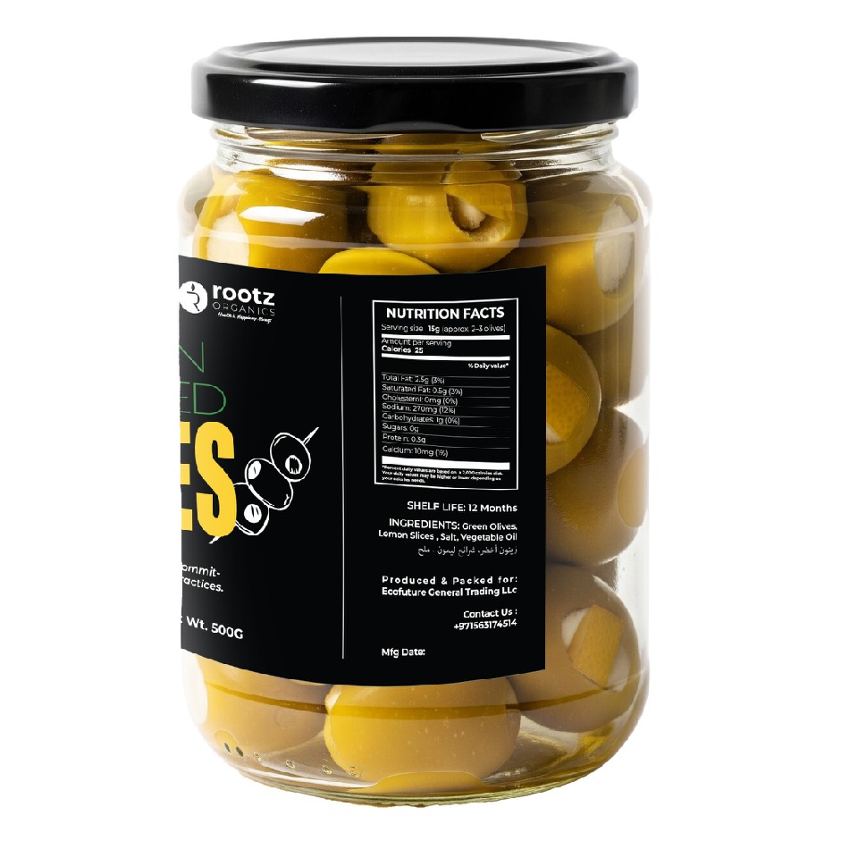 Stuffed Green Olives with Lemon – 500g | Premium Mediterranean Olives in Cold-Pressed Oil
