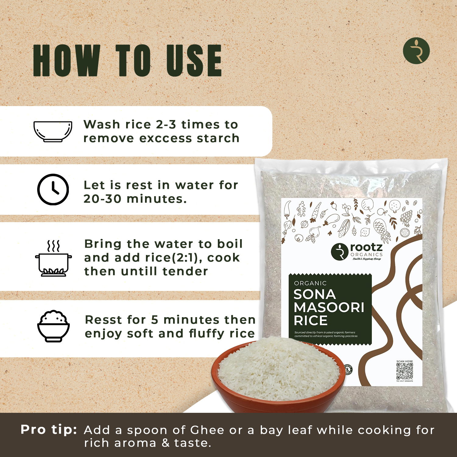 Organic White Rice Sonamasoori 3kg Bulk