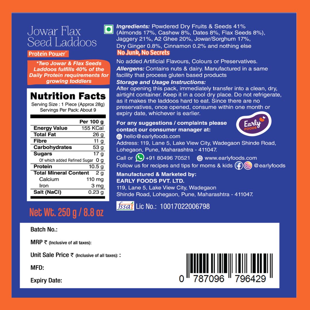 Early Foods pack of 3 - Jowar & Flax Seeds Laddoo, Ragi Chocolate Laddoos, Bajra Laddoo 250 gms