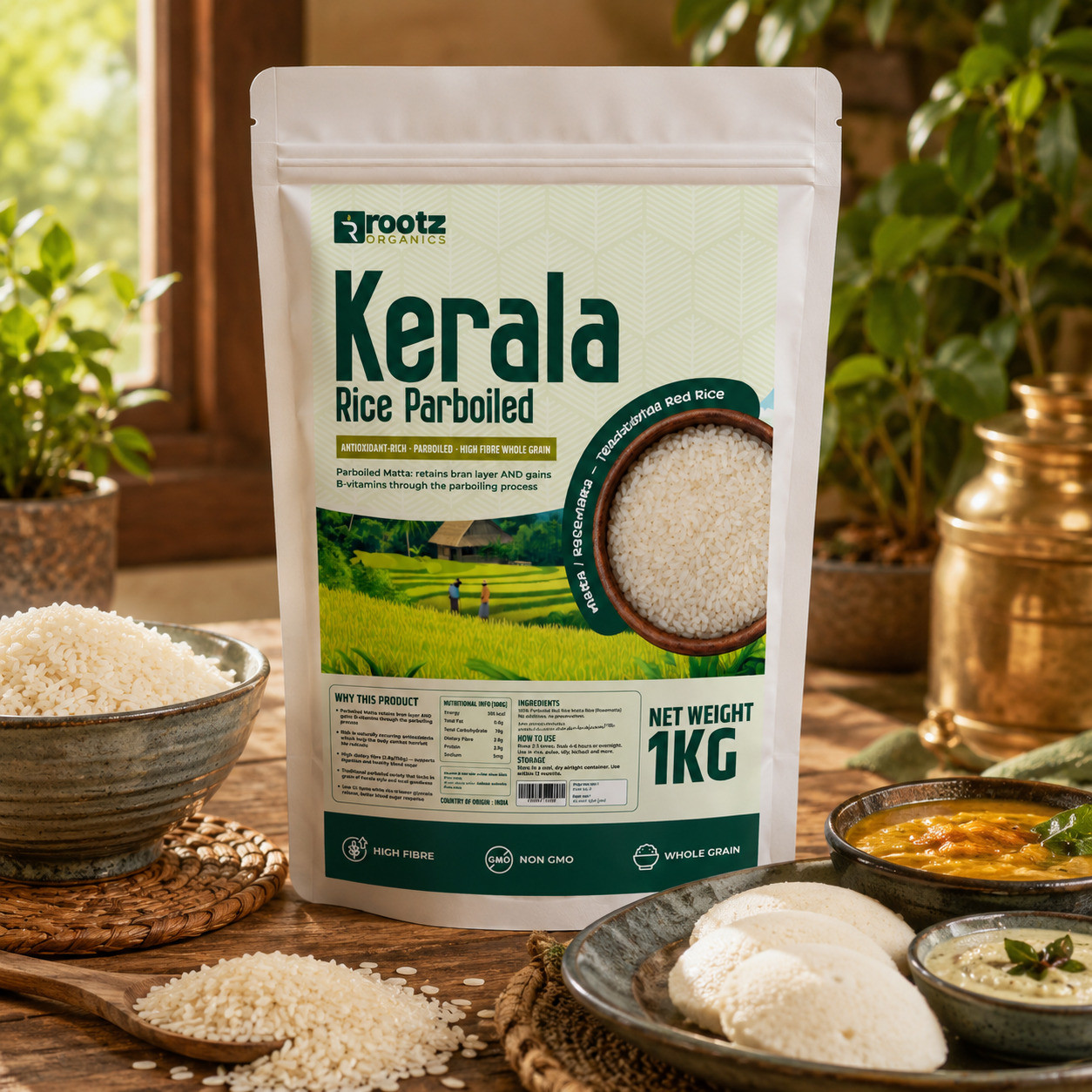 Kerala Matta Rice Parboiled — 1kg | Traditional Red Rice | Anthocyanin Antioxidants | High Fibre | Rootz Organics UAE