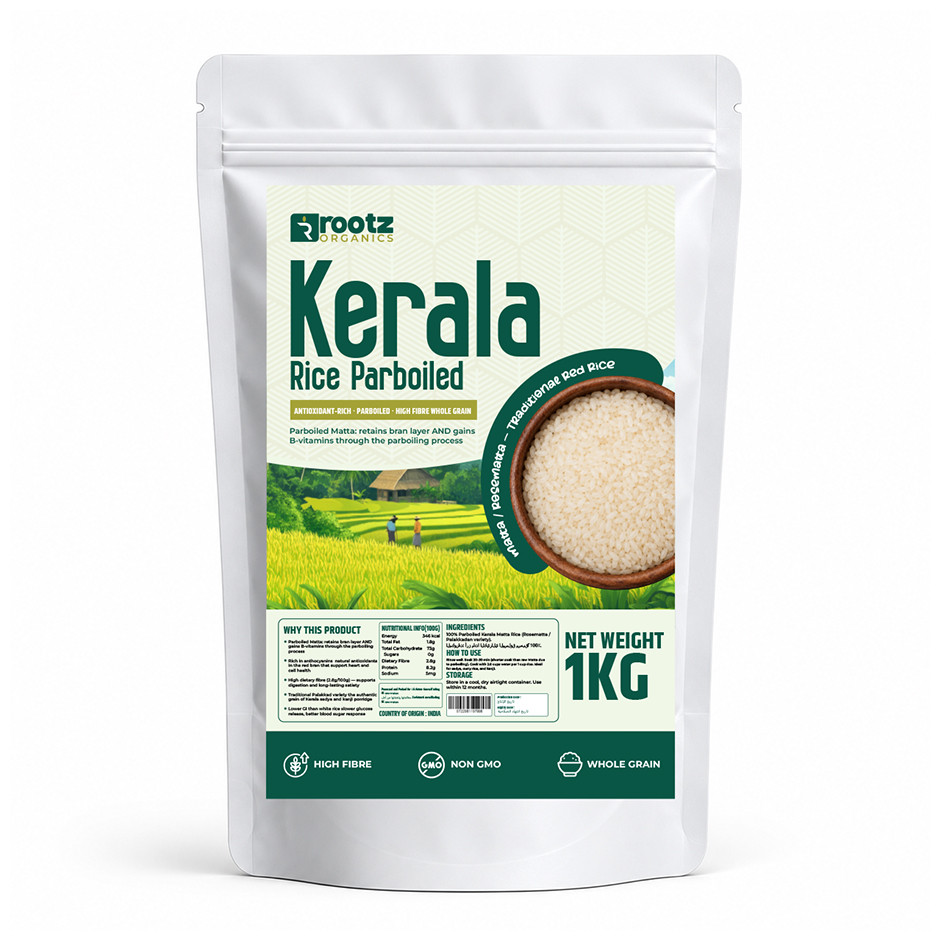 Kerala Matta Rice Parboiled — 1kg | Traditional Red Rice | Anthocyanin Antioxidants | High Fibre | Rootz Organics UAE