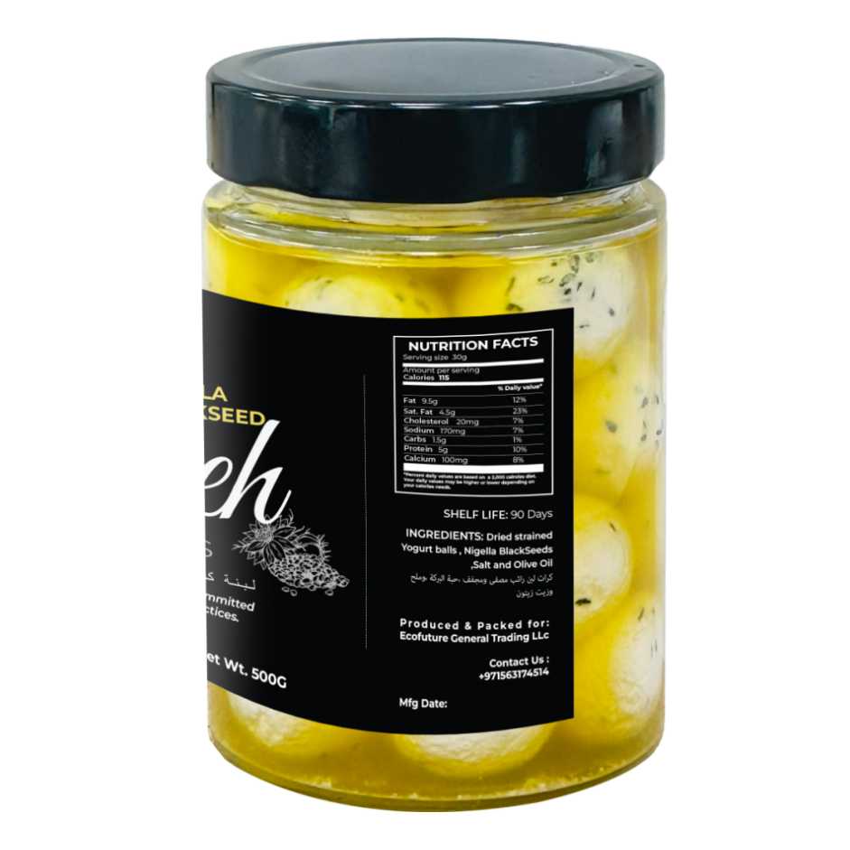 Fresh Labneh Balls with Nigella Seeds (Blackseed) in Olive Oil – 500g | Locally Made in UAE | Probiotic & Preservative-Free