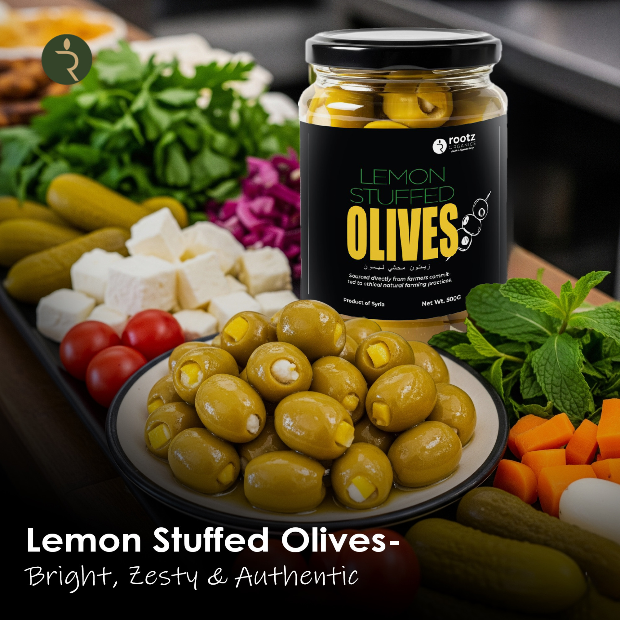 Stuffed Green Olives with Lemon – 500g | Premium Mediterranean Olives in Cold-Pressed Oil