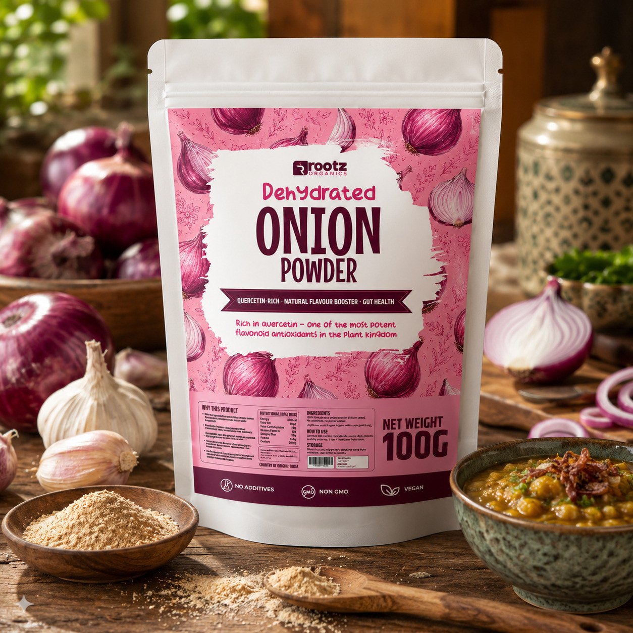 Onion Powder — Dehydrated · 100g | No Salt Added | Quercetin Antioxidant | Gut-Friendly | Rootz Organics UAE