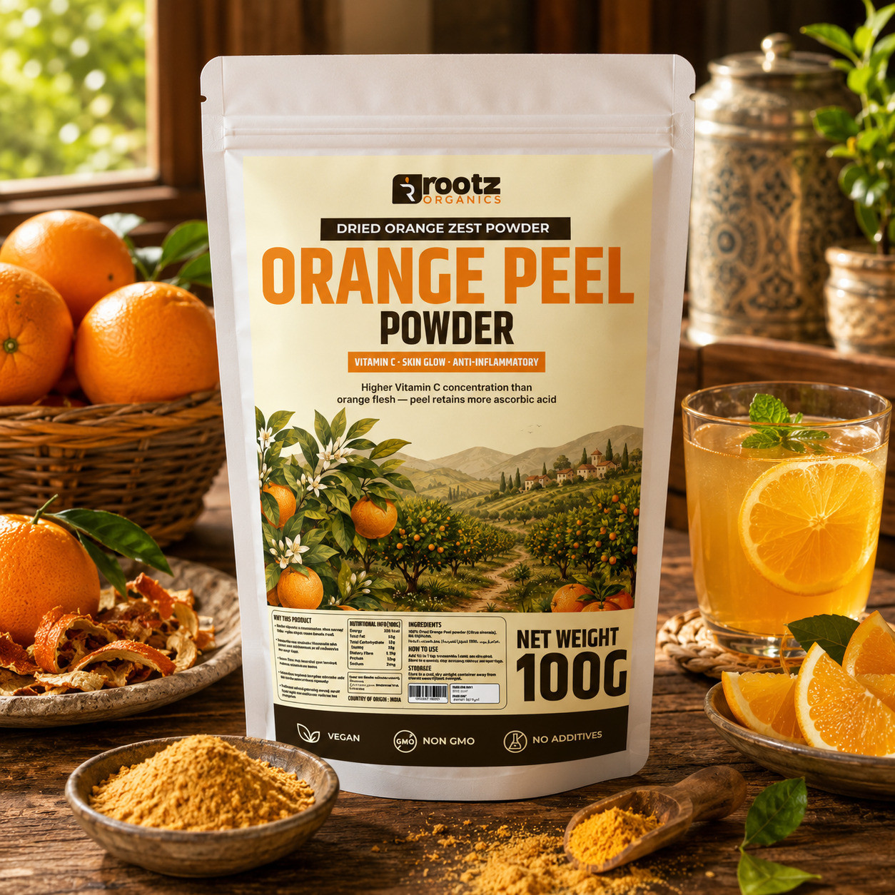 Orange Peel Powder - Dried Orange Zest · 100g | Vitamin C | Skin Glow | Anti-Inflammatory | Rootz Organics UAE
