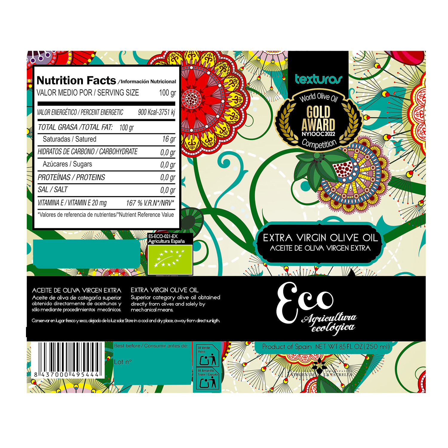 Texturas Organic Eco Agricultura Ecológica Extra Virgin Olive Oil 250ml – Award-Winning Spanish EVOO