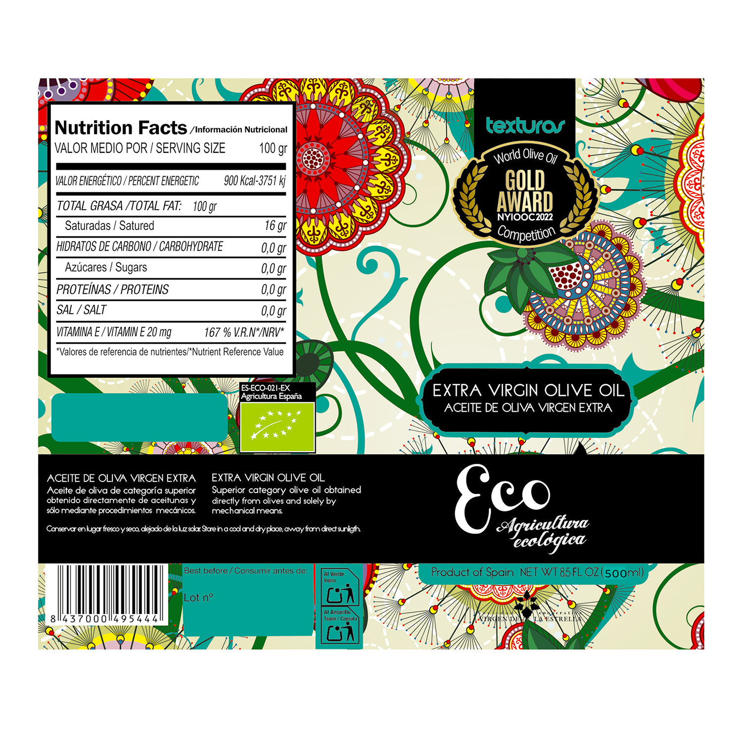 Texturas Organic Eco Agricultura Ecológica Extra Virgin Olive Oil 500ml – Award-Winning Spanish EVOO