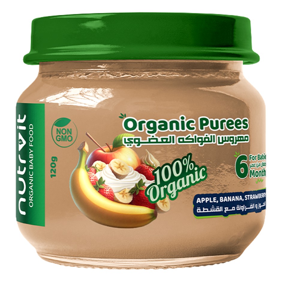 Organic Apple, Banana, Strawberry And Cream Puree, 120gm