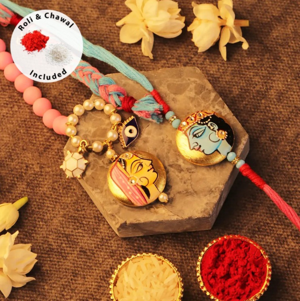 Hand-Painted Radha Krishna Bhaiya Bhabhi Rakhi With Roli Chawal | Set Of 2