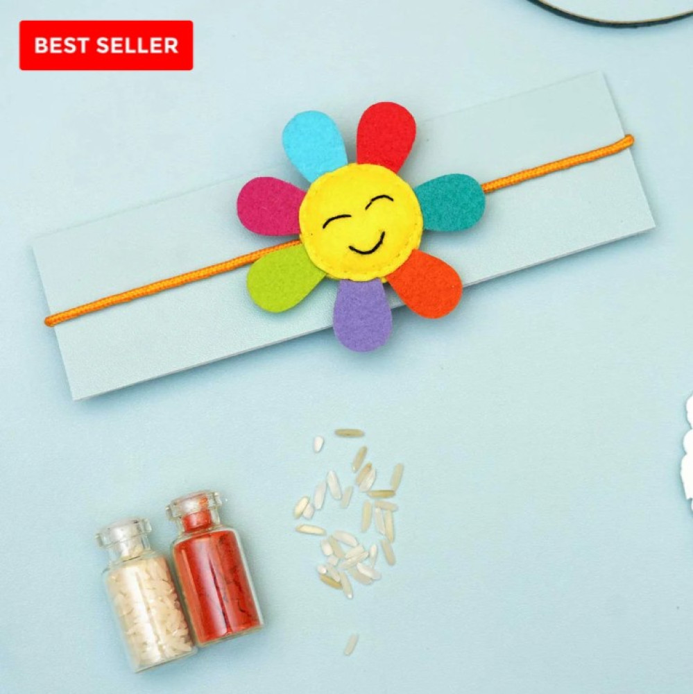 Handmade Sunflower Felt Kids Rakhi With Roli Chawal