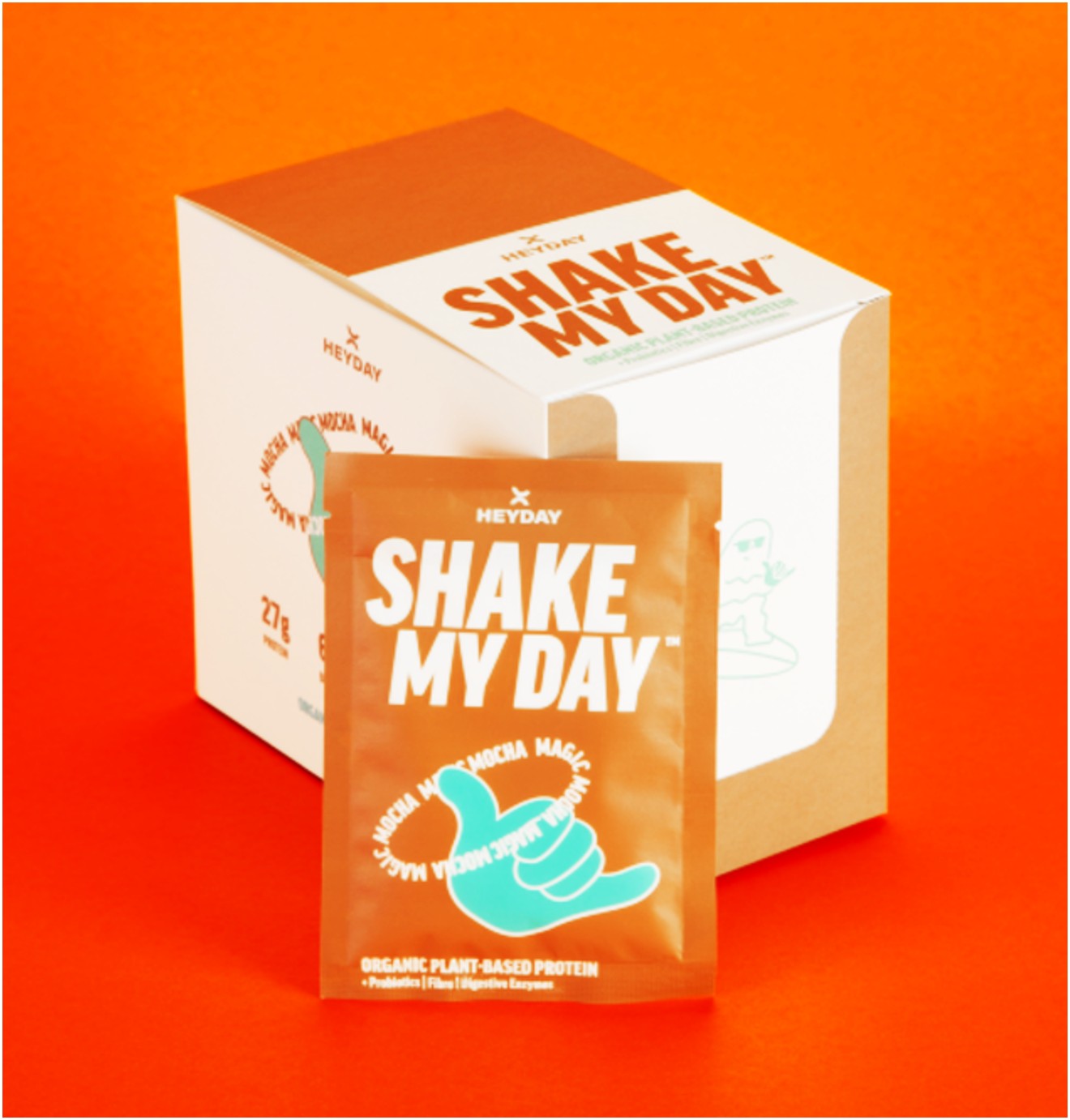 Heyday Shake My Day Organic Mocha Flavour Plant-Based Protein Powder Box of 12 Sachets