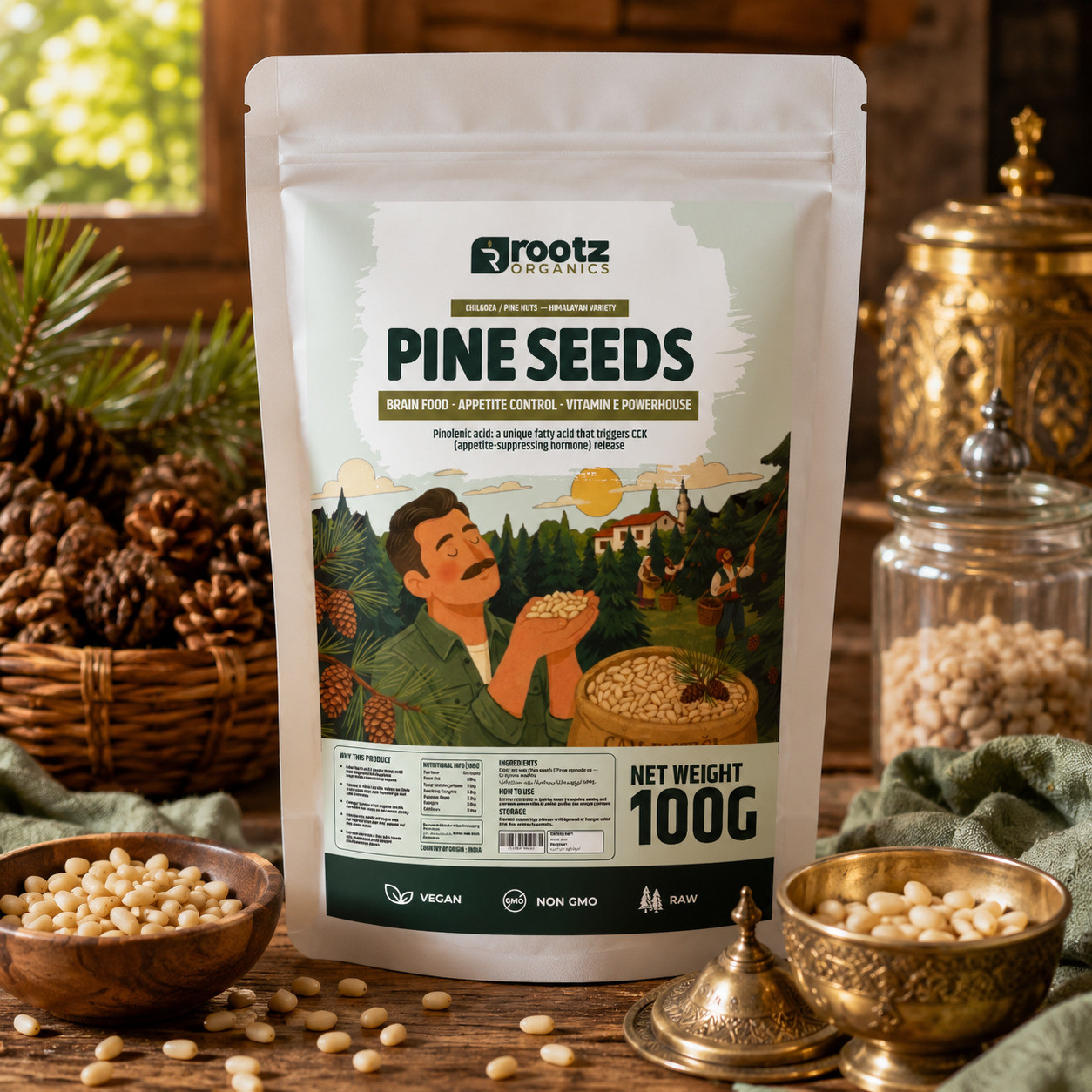 Pine Seeds (Chilgoza / Pine Nuts) — Himalayan Variety · 100g | Vitamin E · Brain Food · Appetite Control | Rootz Organics UAE