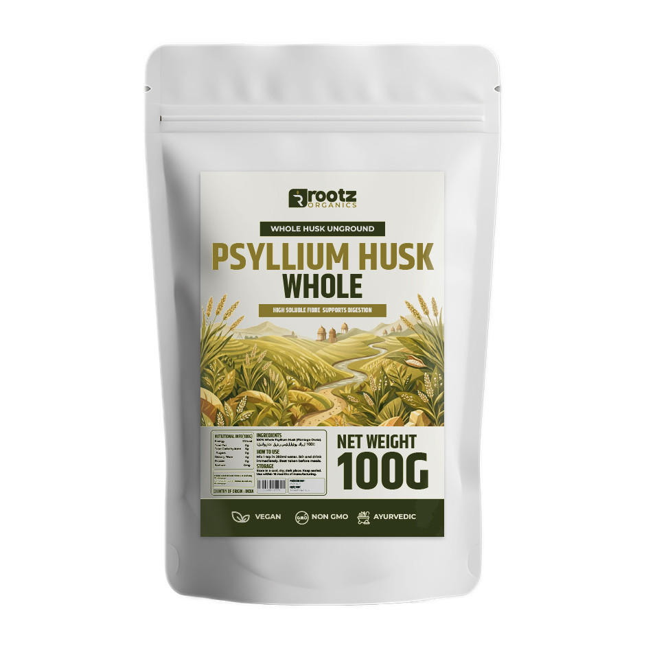 Rootz Organics Psyllium Husk Whole 100g – Whole Husk Soluble Fibre for Digestive Wellness