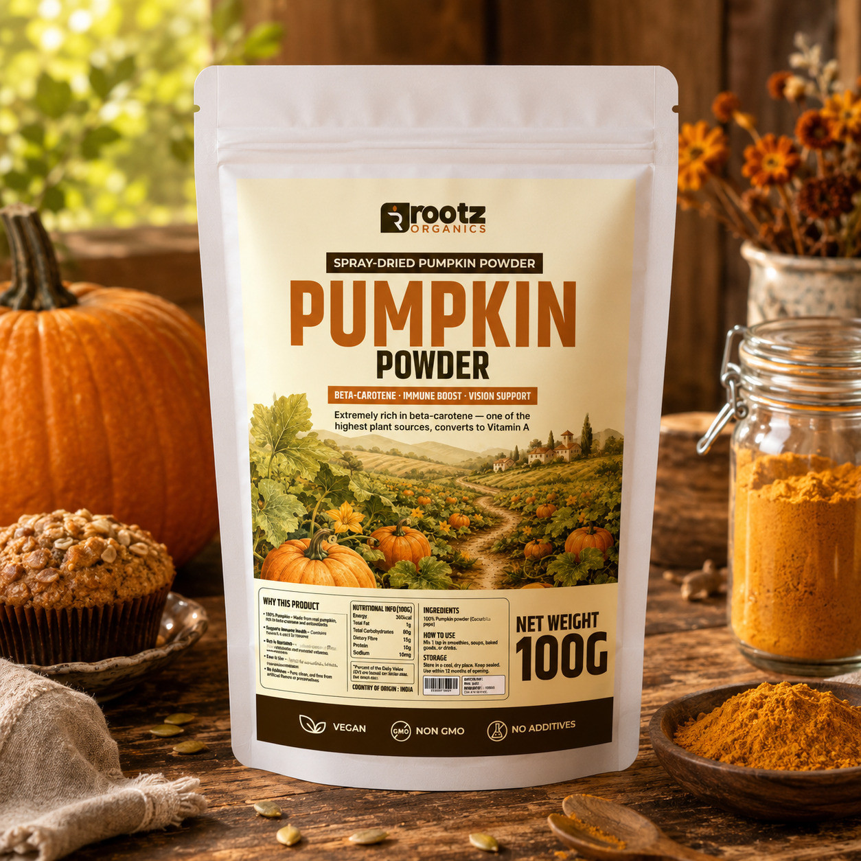 Pumpkin Powder - Spray-Dried · 100g | Beta-Carotene | Vitamin A | Immune Boost | Rootz Organics UAE