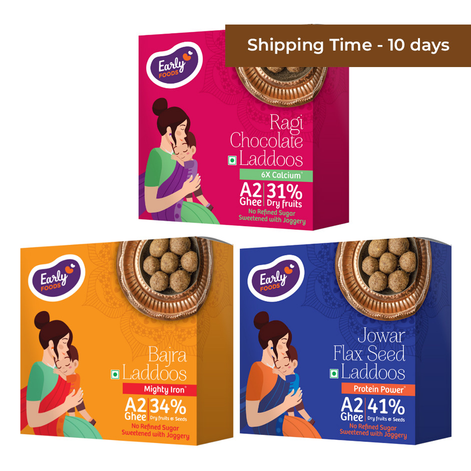 Early Foods pack of 3 - Jowar & Flax Seeds Laddoo, Ragi Chocolate Laddoos, Bajra Laddoo 250 gms