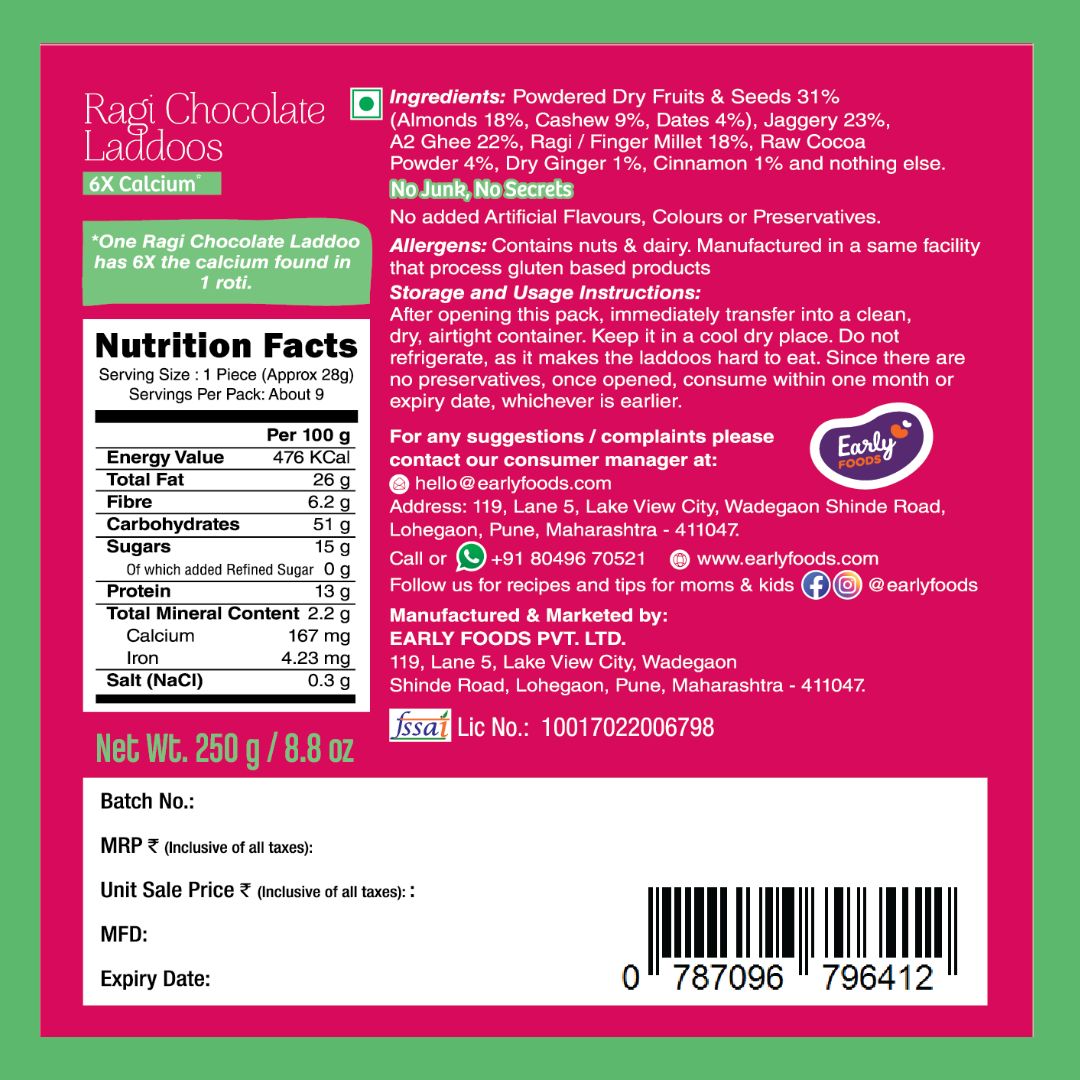 Early Foods pack of 3 - Jowar & Flax Seeds Laddoo, Ragi Chocolate Laddoos, Bajra Laddoo 250 gms