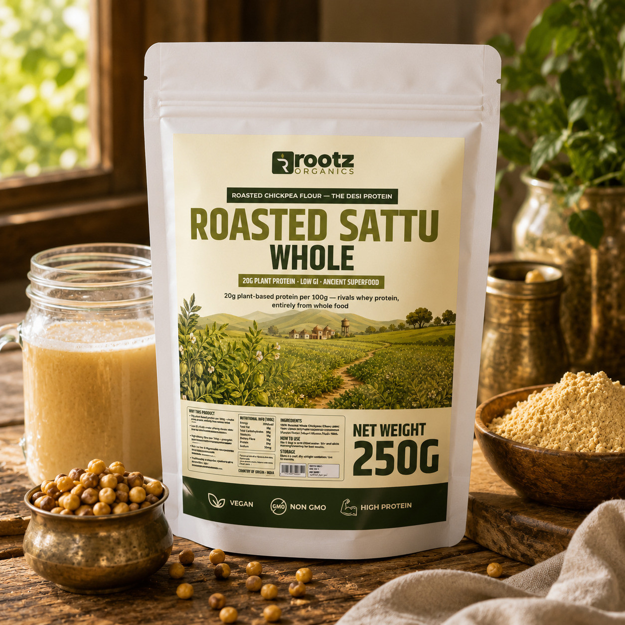 Roasted Sattu Whole - Roasted Chickpea · 250g | 20g Protein | Low GI | Ancient Indian Superfood | Rootz Organics UAE
