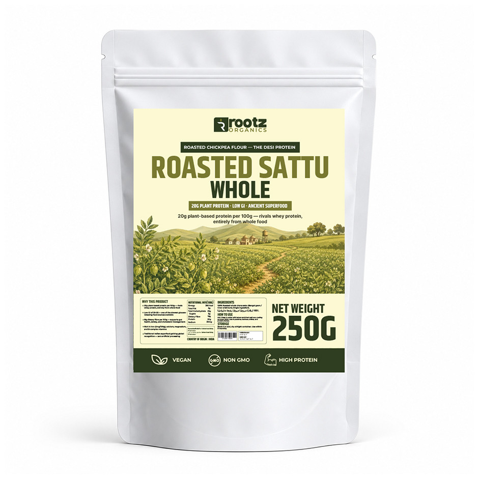Roasted Sattu Whole - Roasted Chickpea · 250g | 20g Protein | Low GI | Ancient Indian Superfood | Rootz Organics UAE