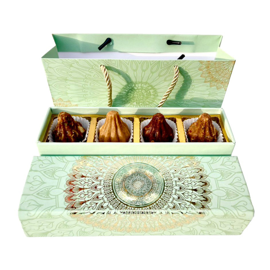 Premium Assorted Nutty Modaks & Laddus Gift Box – Sugar-Free, Whole Wheat, Besan, Oats Khorak & Dates (with Matching Green Bag)