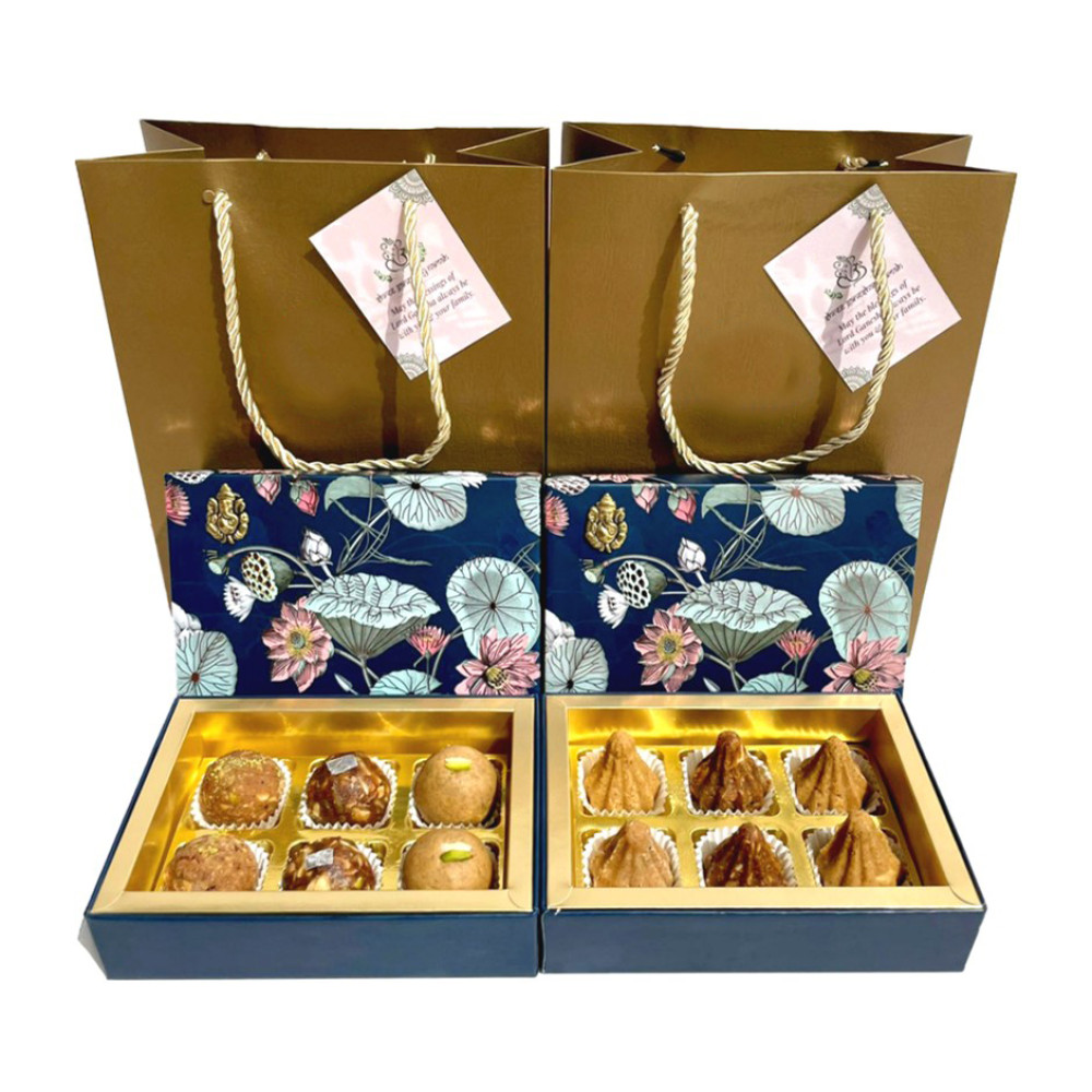 Premium Assorted Nutty Laddus &amp; Modaks Gift Box – Sugar-Free, Whole Wheat, Besan &amp; Oats Khorak (Festive Box with Gold Bag)