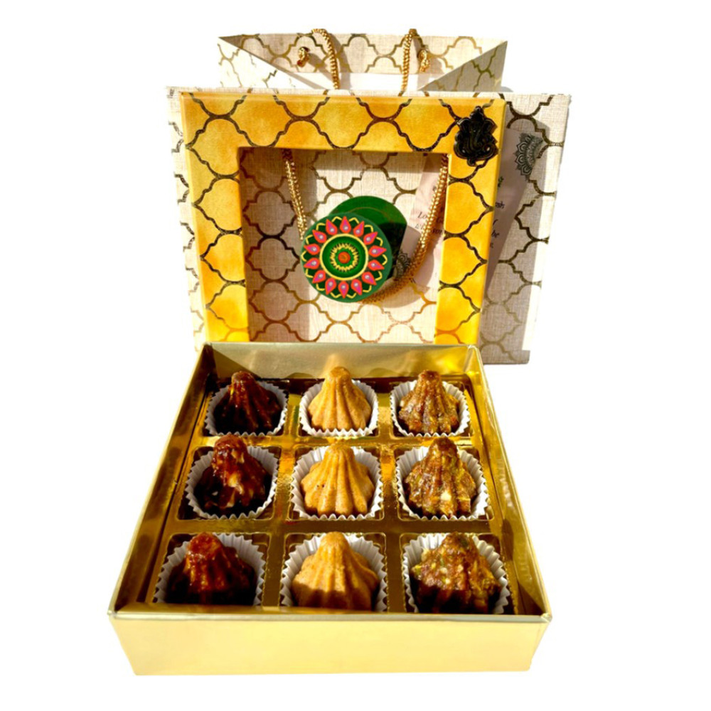 Premium Assorted Nutty Modaks &amp; Laddus Gift Box – Sugar-Free, Whole Wheat, Besan &amp; Oats Khorak (Festive Box with Gold Bag)