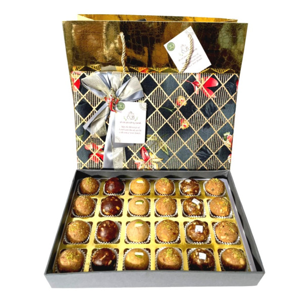 Image of Premium 24 Assorted Nutty Laddus Gift Box – 1kg, Sugar-Free, Whole Wheat, Besan, Oats Khorak &amp; Dates (Satin Fabric Festive Box with Gold Bag)