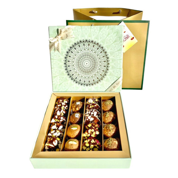 Image of Premium Assorted Nutty Laddus &amp; Date Bites Gift Box – 600g, Sugar-Free, Pistachio Rose, Mixed Nuts, Almond Sesame, Coconut, Whole Wheat, Besan &amp; Oats Khorak (Off-White Festive Box with Gold Bag)