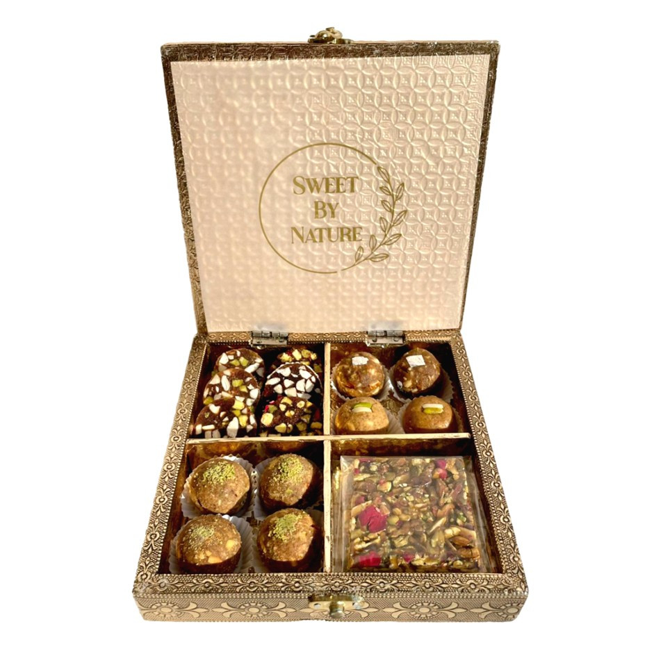 Premium Assorted Nutty Sweets Gift Box – 600g, Laddus, Date Bites & Brittles/Chikkis (Keepsake Metallic Box with Velvet & Gold Bag)