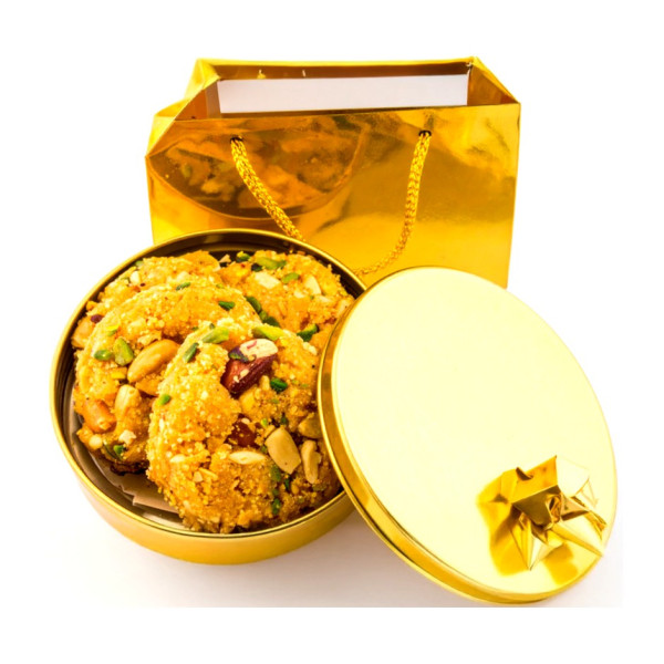Image of Premium Round Nutty Brittles Gift Tin – Pistachio Almond, Peanut &amp; Mixed Seeds with Organic Jaggery (Gold Tin Box with Gold Bag)