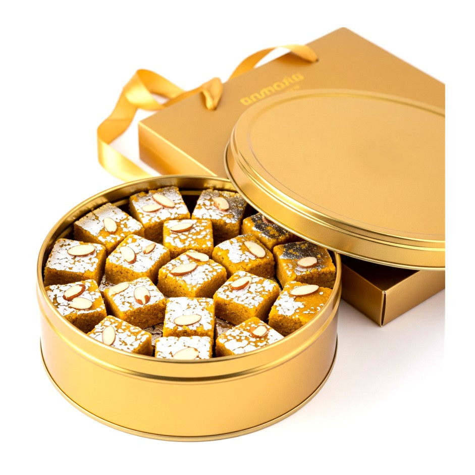 Besan Barfi Gold Tin Box 600g – Refined Sugar-Free & Gluten-Free | Festive Gift UAE