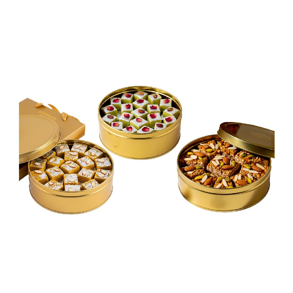Royal Oats Khorak / Pista Barfi / Besan Barfi in Ganesha Stainless Steel Box 350g – Refined Sugar-Free | Festive Gift UAE
