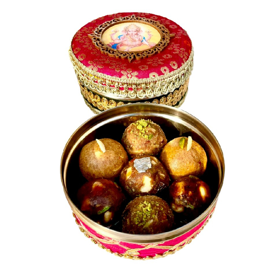 Assorted Nutty Laddus in Ganesha Stainless Steel Round Box – 4 Flavours, Refined Sugar-Free | Festive Gift UAE