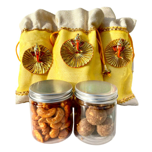 Image of Ganesha Jute Pouch with 1 Jar Peri-Peri Cashews – Festive Gift UAE | Also Available with Mini Laddus or Nankhatai Jar