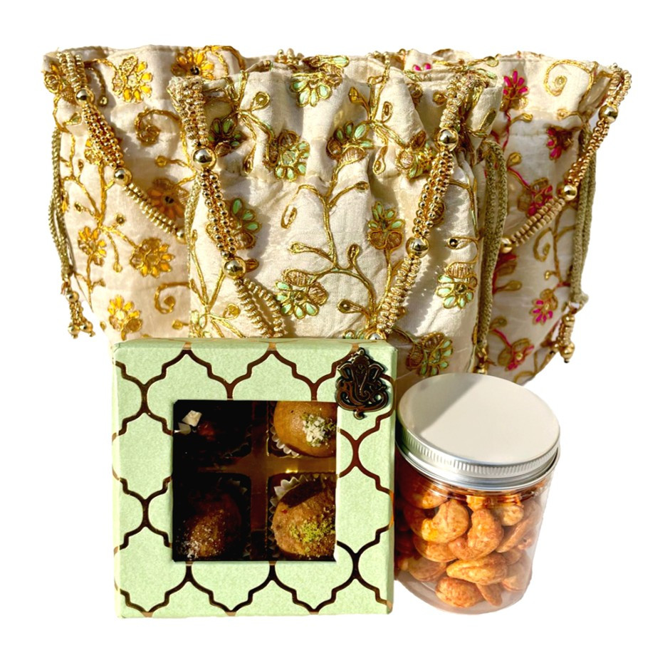 Floral Embroidery Gift Bags with 2 Jars – Nankhatai, Peri-Peri Cashews & Mini Nutty Laddus | Festive Gift UAE