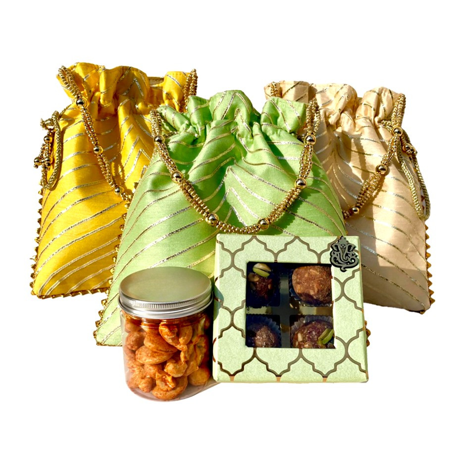 Gota Festive Bags with Assorted Nutty Laddus Box & Peri-Peri Cashews Jar – Yellow, White & Green Pastel | Festive Gift UAE