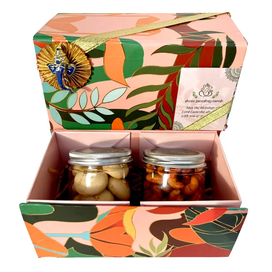 Festive Gift Box with 2 Jars – Mini Nutty Laddus, Nankhatais, Peri-Peri Cashews & Seven Seed Mukhwas | UAE