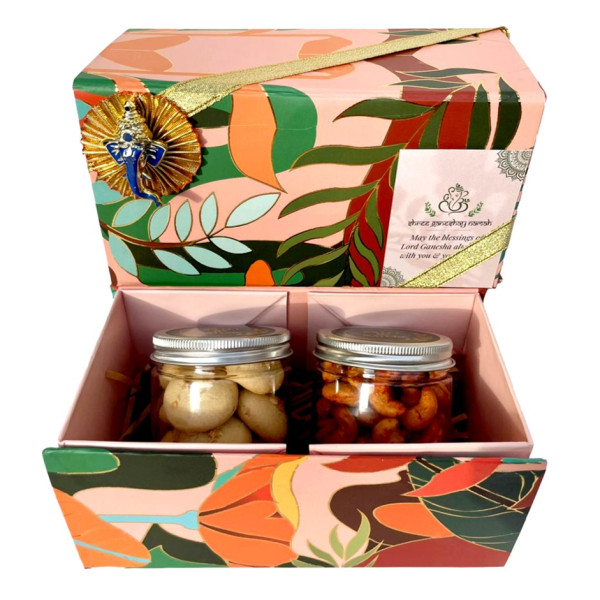 Image of Festive Gift Box with 2 Jars – Mini Nutty Laddus, Nankhatais, Peri-Peri Cashews &amp; Seven Seed Mukhwas | UAE