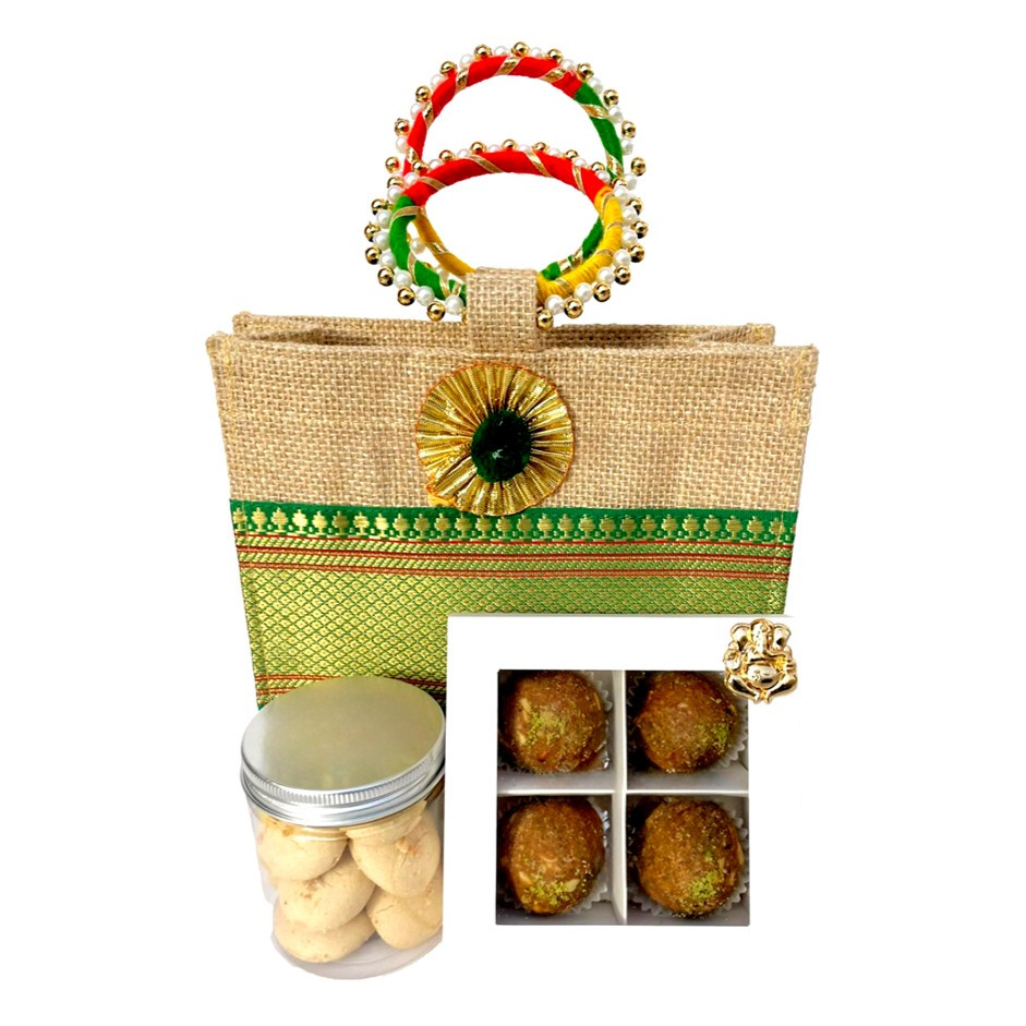 Festive Jute Bag with Assorted Nutty Laddus & Choice of Jar – Peri-Peri Cashews, Almonds, Seven Seed Mukhwas or Nankhatais | Festive Gift UAE