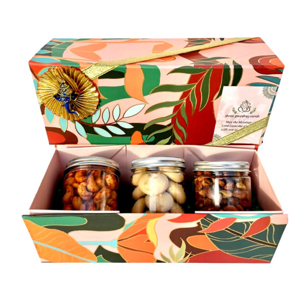 Image of Festive Gift Box with 3 Jars – Nankhatais, Chocolate Cookies, Mini Laddus, Peri-Peri Cashews, Wasabi Peanuts or Seven Seed Mukhwas | UAE