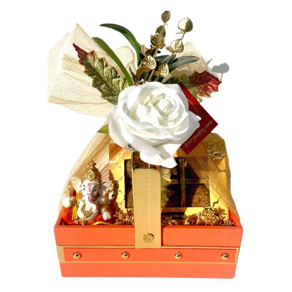 Orange Keepsake Basket with Assorted Nutty Laddus, Nankhatais or Flavoured Nuts Jar, Gold-Plated Ganesha Idol & Elephant Diya | Festive Gift UAE