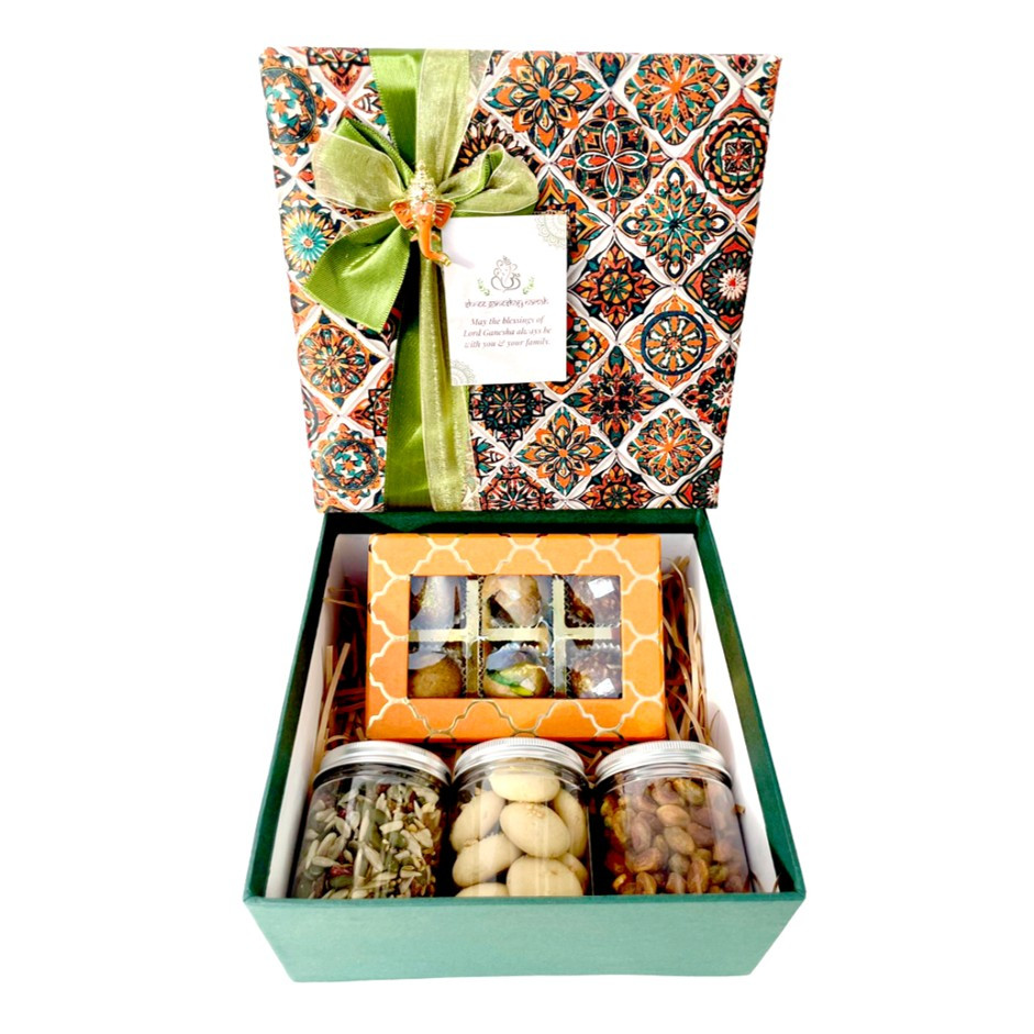 Printed Satin Cloth Box with 6 Assorted Nutty Energy Balls & 3 Jars – Nankhatais, Peri-Peri Cashews & Seven Seed Mukhwas | Festive Gift UAE