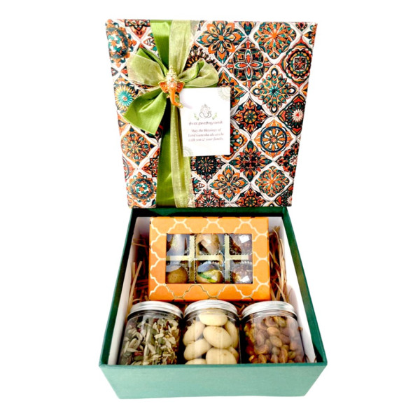 Image of Printed Satin Cloth Box with 6 Assorted Nutty Energy Balls &amp; 3 Jars – Nankhatais, Peri-Peri Cashews &amp; Seven Seed Mukhwas | Festive Gift UAE