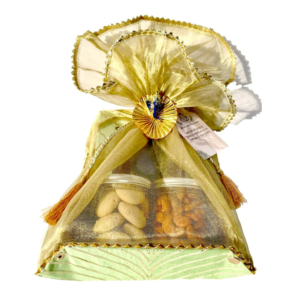 Festive Fabric Hamper with 9 Nutty Laddus & 2 Jars – Nankhatais & Peri-Peri Cashews | Green, Red, Yellow & White | Festive Gift UAE