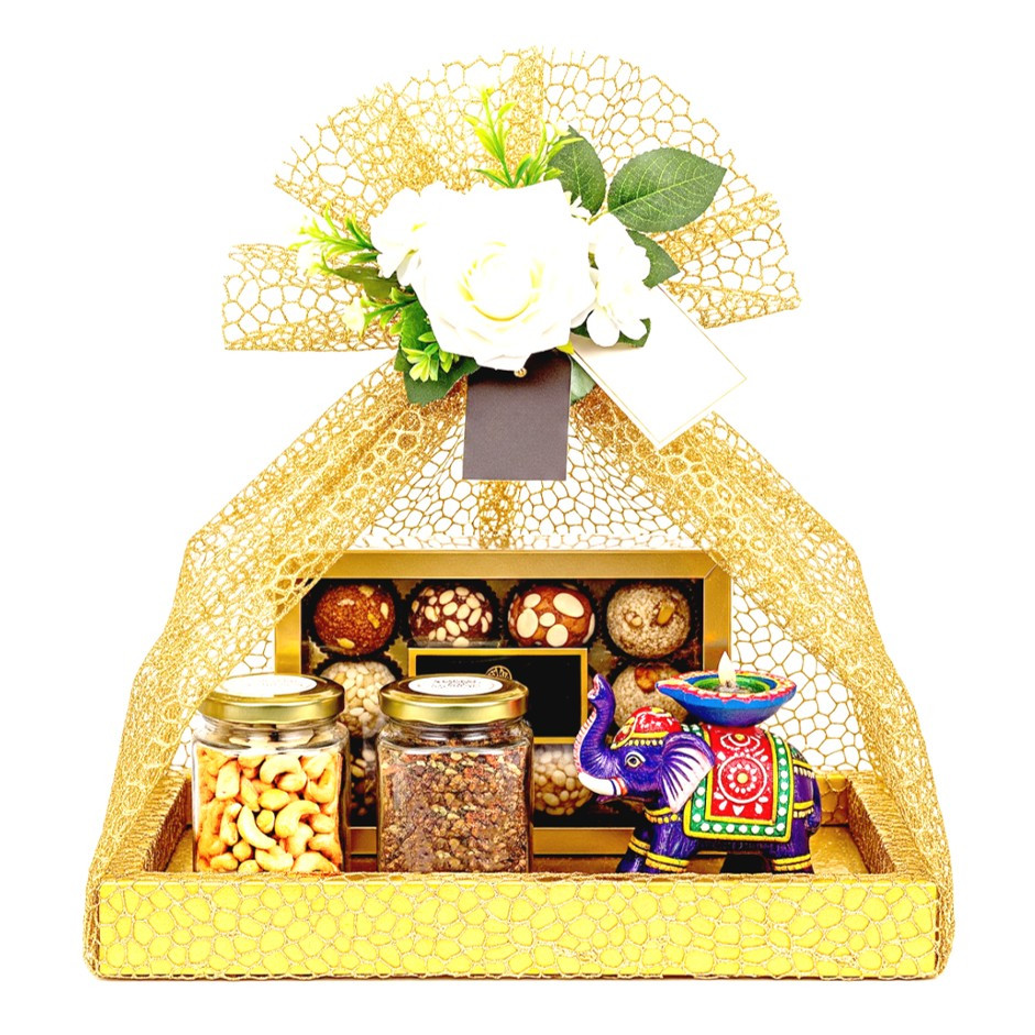 Festive Tray with 9 Assorted Nutty Laddus, 2 Jars – Nankhatais, Peri-Peri Cashews & Seven Seed Mukhwas, with Elephant Diya | Wrapped with Net | Festive Gift UAE